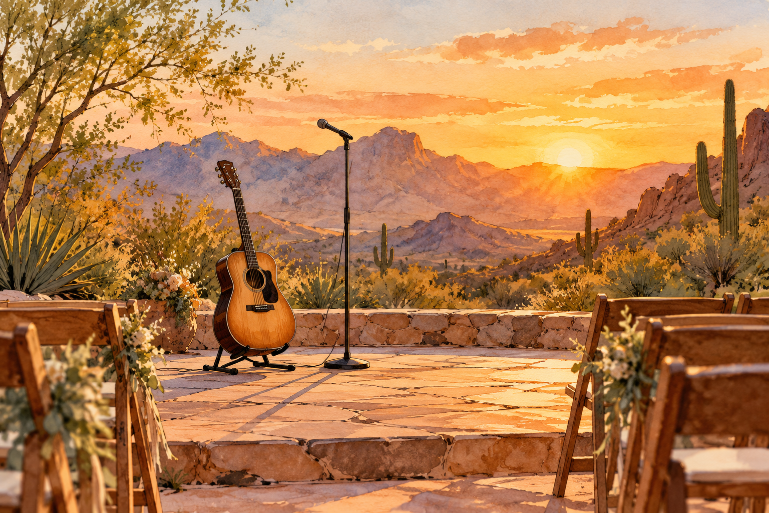 Illustration of an acoustic guitar and microphone in an empty outdoor ceremony space