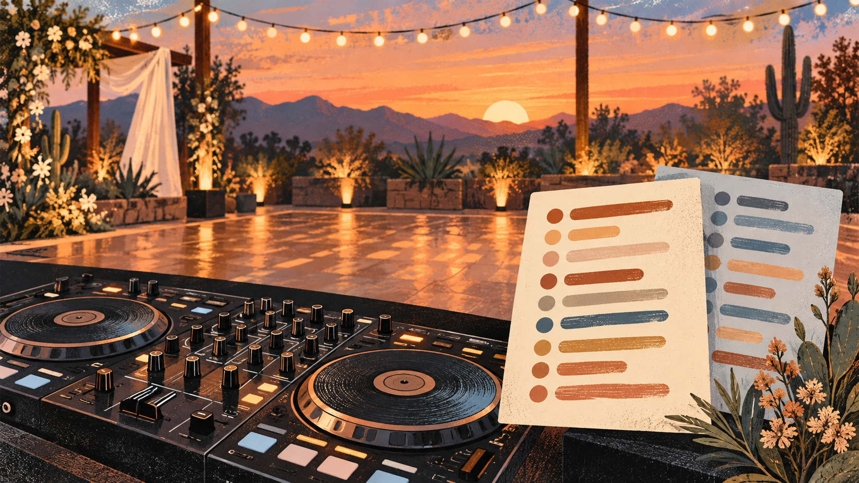 Illustration of a DJ console and two abstract wedding music request lists