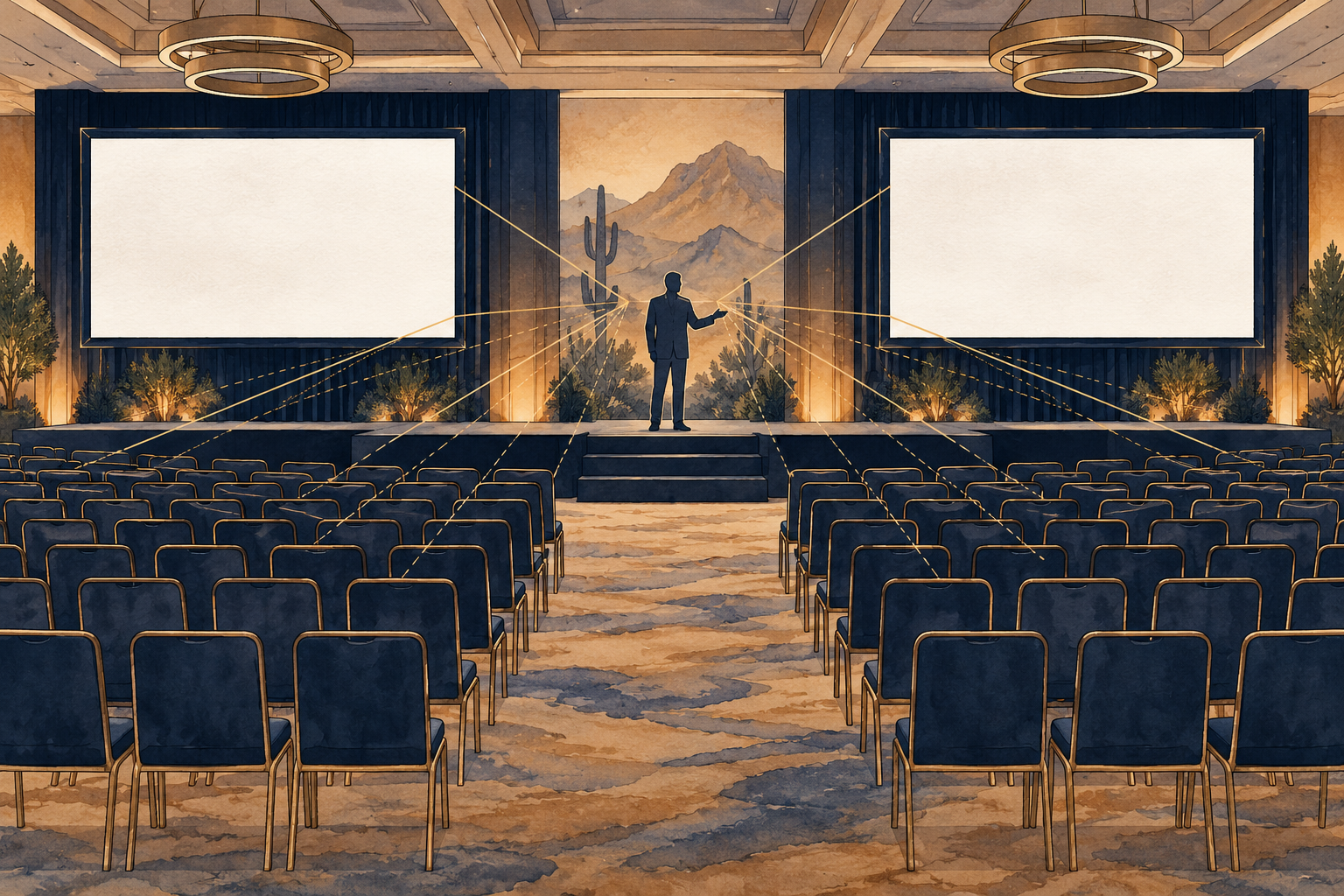 Illustration of an event stage, two screens and audience sightlines
