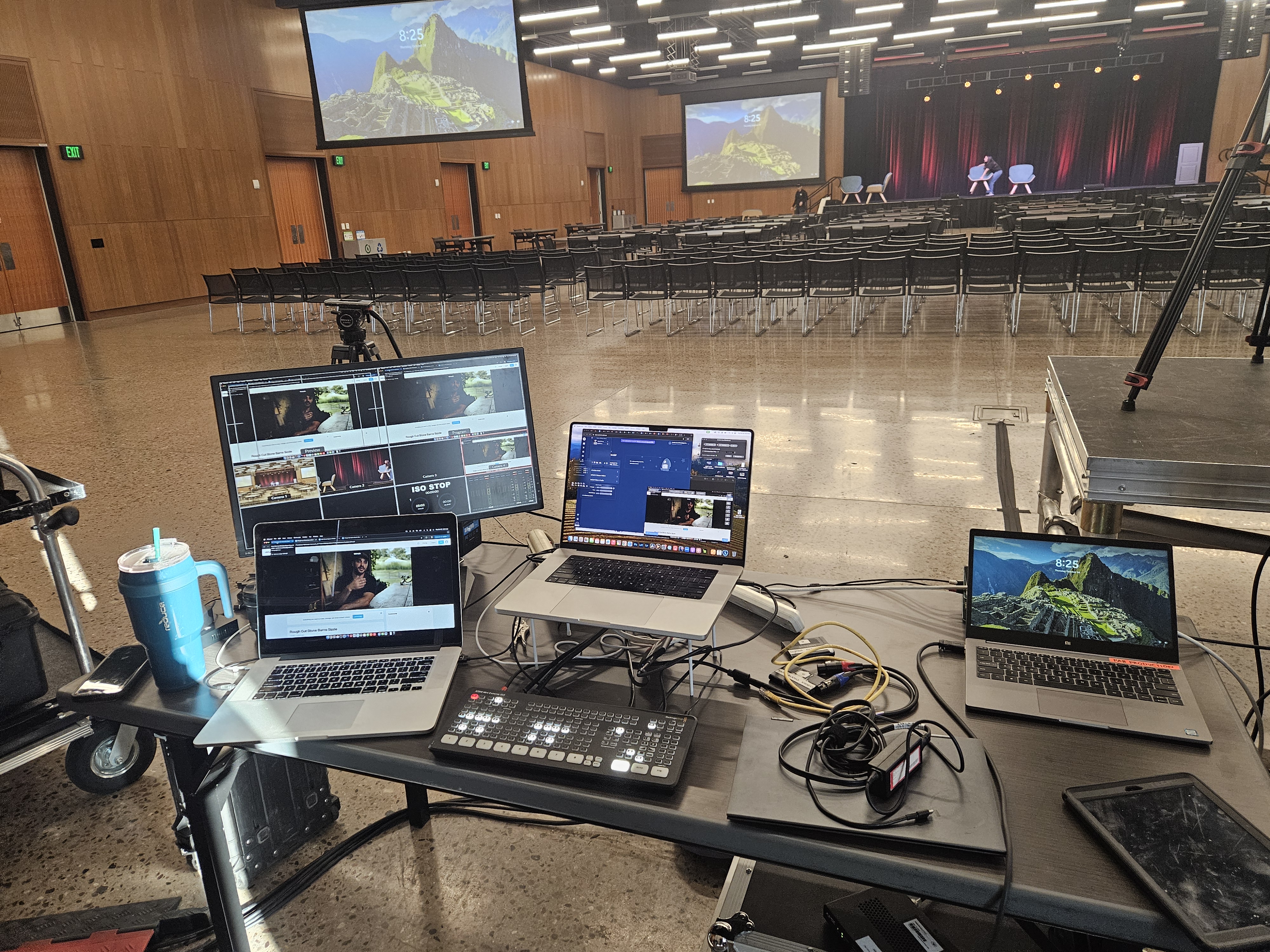 Video control station with monitors and cameras in a Tempe event room