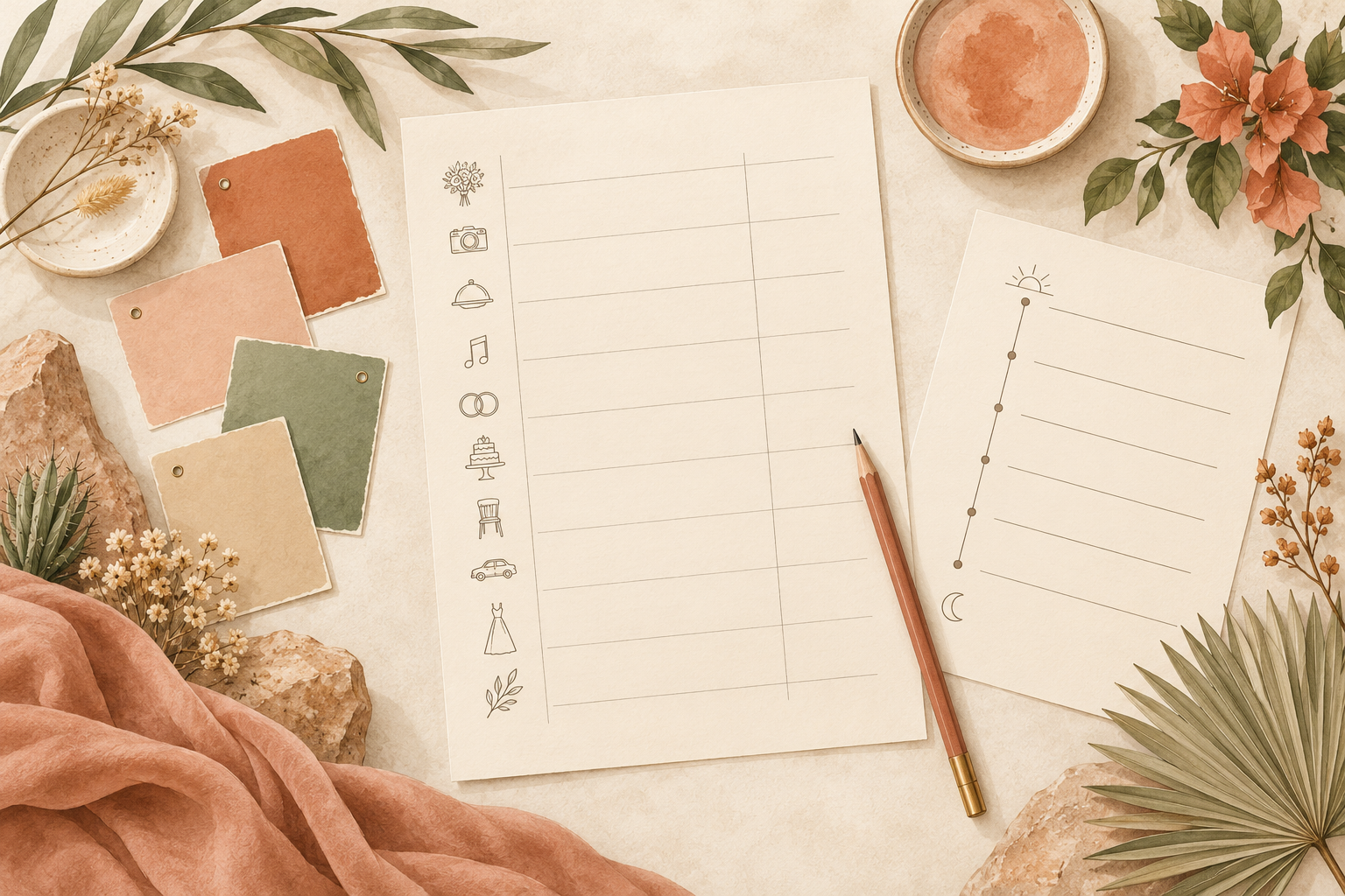 Illustration of a blank wedding vendor contact sheet and color-coded cue cards
