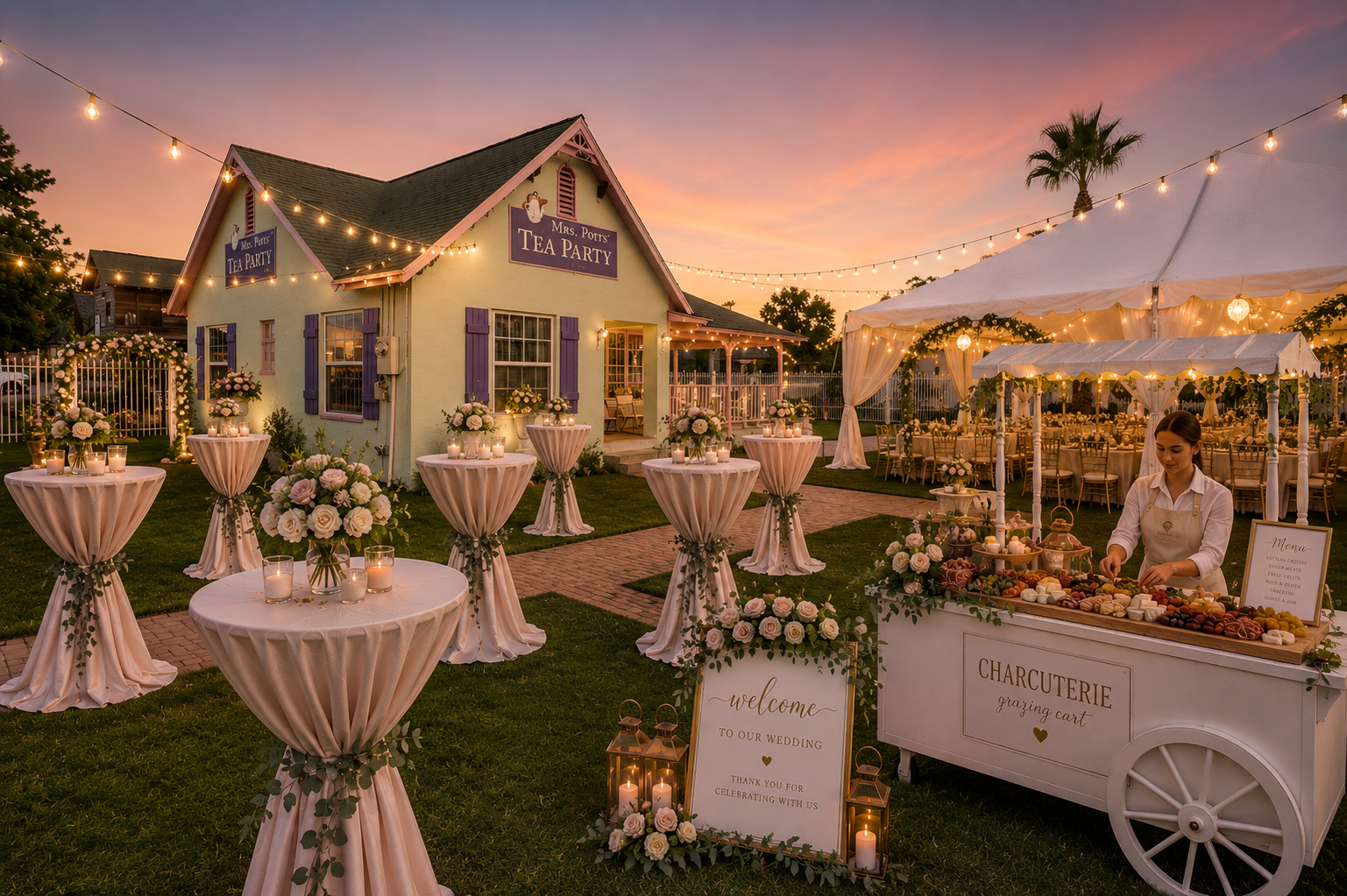 Mrs. Potts Tea Party with a charcuterie cart and outdoor celebration setting